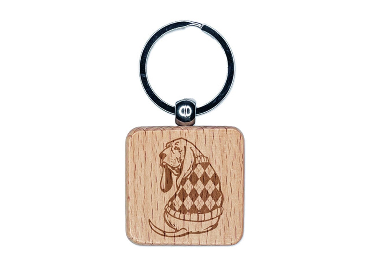 Basset Hound Dog in Argyle Sweater Engraved Wood Square Keychain Tag Charm